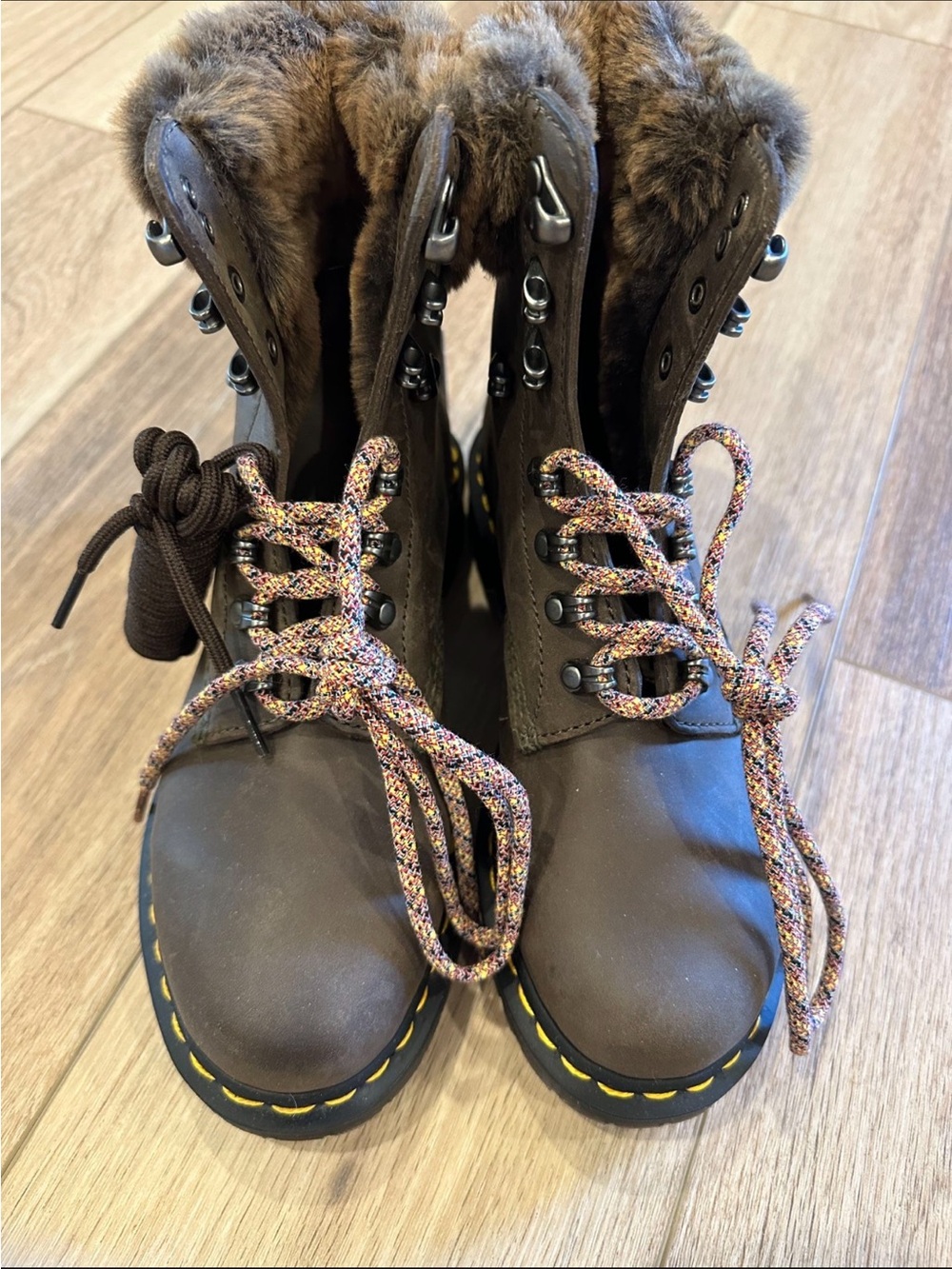 Dr. Martens Brown Faux-Fur Lace-Up Boots with Multicolor Laces